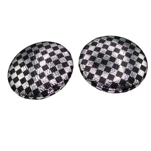 Vintage Sleek Checkerboard Fabric Earrings, Silver Metallic Shimmer and Black - Picture 3 of 4